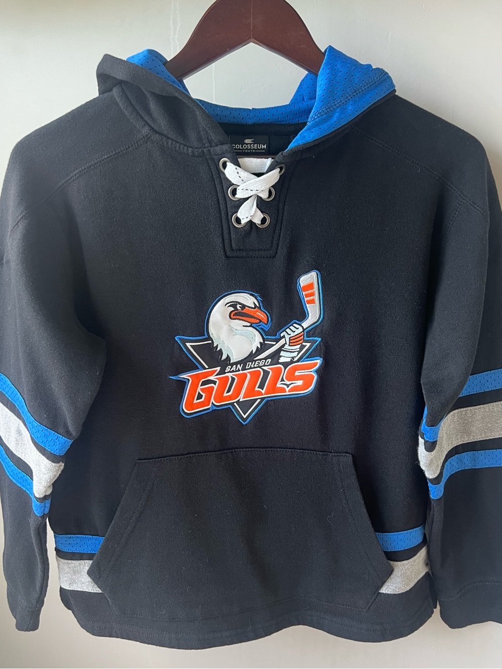 San Diego Gulls AHL Hockey Jersey Jacket Hoodie Sweatshirt Blue Orange Youth M